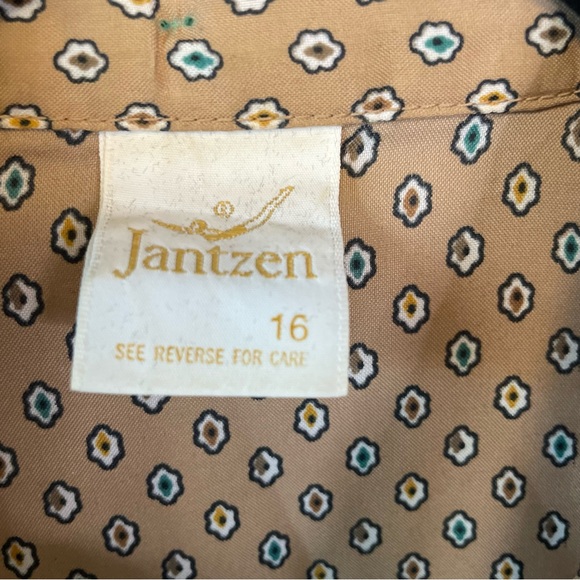 Vintage Jantzen Pleated Button Down Blouse Dress Shirt Size 16 Tan Brown Dots - Picture 3 of 9